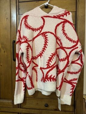 Cozy Red & Cream Baseball-Print Sweater
